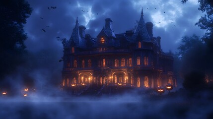 A dark gothic mansion with high contrast lighting and elaborate Halloween decorations glowing in a thick misty atmosphere