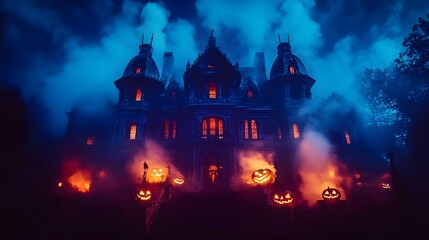A dark gothic mansion with high contrast lighting and elaborate Halloween decorations glowing in a thick misty atmosphere