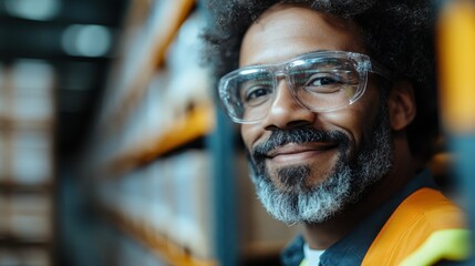 A man, equipped with protective eyewear and wearing an orange safety vest, smiles warmly in a well-lit warehouse filled with shelves and boxes.