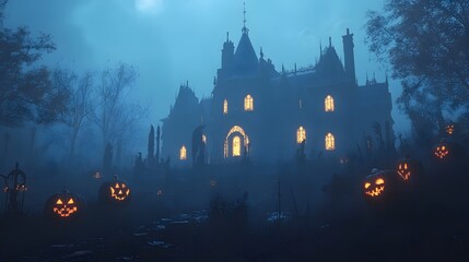 A dark mansion with glowing windows elaborate Halloween decorations and gothic architecture surrounded by a misty atmosphere