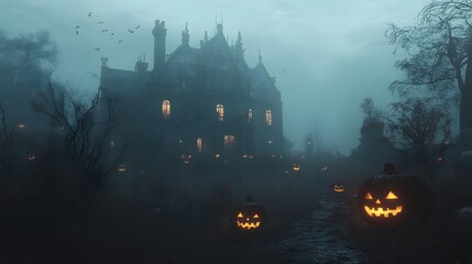 A misty scene with a dark gothic mansion glowing windows and elaborate Halloween decorations enhancing its eerie charm
