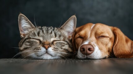 A close-up image of a tabby cat and a brown dog with drooping ears sleeping next to each other, resting peacefully on a dark surface in a relaxed and harmonious manner.