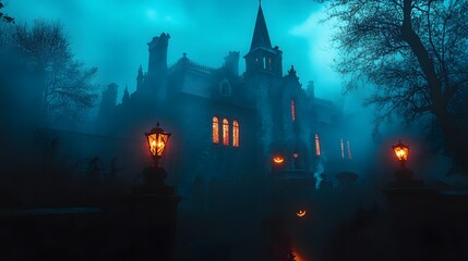 Obraz premium A gothic mansion with glowing Halloween decorations high contrast lighting and a misty atmosphere creating an eerie ambiance