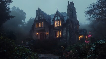 A misty atmosphere enhances the dark allure of a gothic mansion with glowing windows and elaborate Halloween decorations