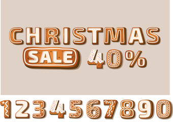 christmas discount sale in gingerbread cookie cartoon style with different numbers for variation