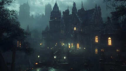A dark mansion with intricate gothic architecture glowing windows and elaborate Halloween decorations creating a misty eerie atmosphere