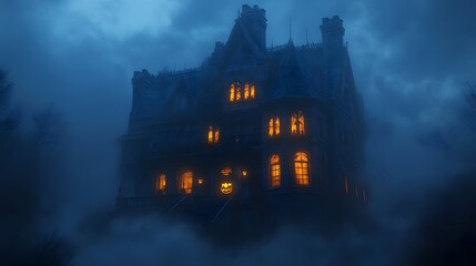 Fototapeta premium A dark gothic mansion with glowing windows and elaborate Halloween decorations surrounded by a thick mist creating an eerie ambiance
