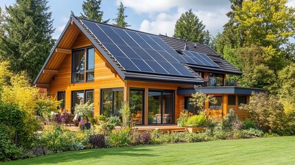 Obraz premium garden house with many windows, surrounded by green trees and flowers