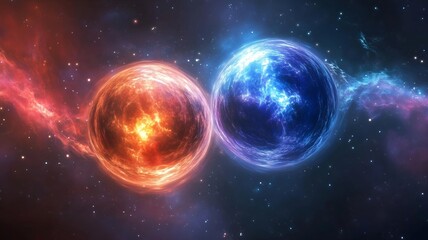 red and blue color two particles with glowing light effect with based on quantum entanglement concept