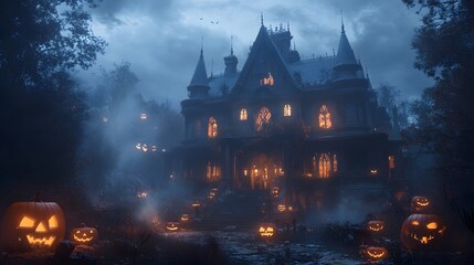 A dark mansion with glowing windows and detailed Halloween decorations surrounded by a misty atmosphere enhancing its spooky vibe