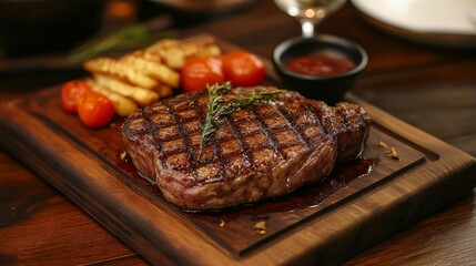 Rib eye steak grilled on a wooden board