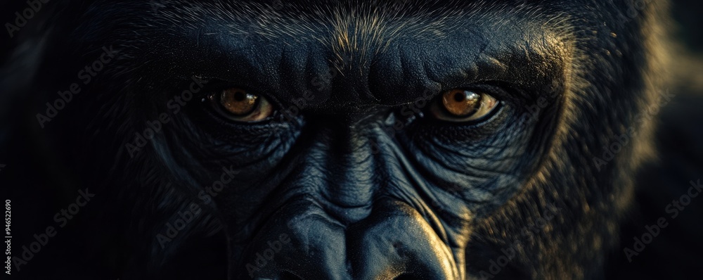 Poster close-up of a gorilla's face with intense gaze showing deep intelligence and strength in its eyes du