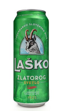 Zlatorog beer can isolated on white background