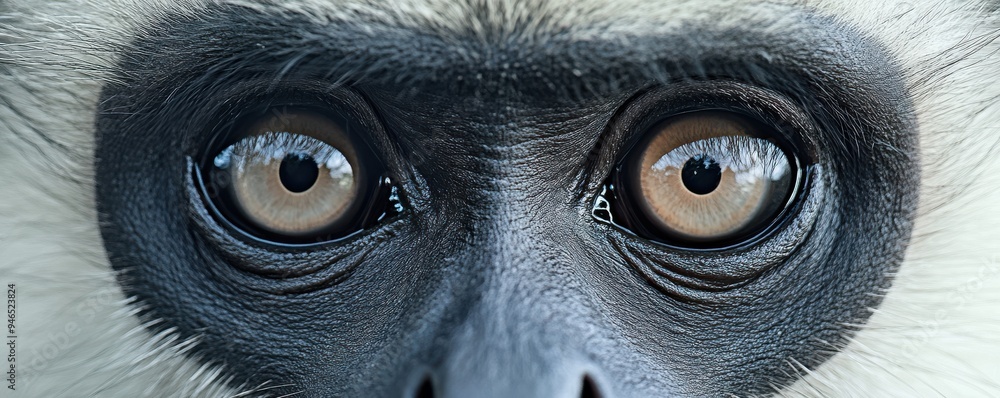 Poster close-up portrait of a langur monkey's face highlighting its intense gaze and intricate details of i