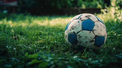 A deserted blue and white soccer ball lies on a lush green field, symbolizing abandoned sports and leisure activities. The vibrant colors of the ball stand out against the verdant surroundings