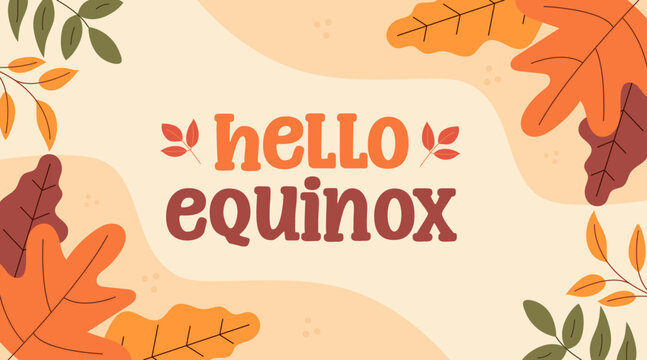 Hello autumn equinox. Hand-drawn vector background with fall elements and text. Start of fall. September 22.