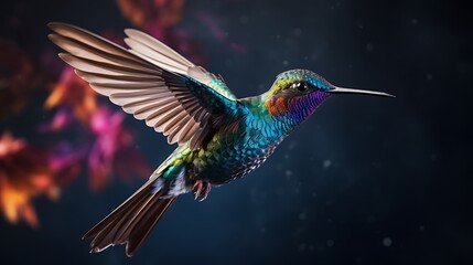 Obraz premium A dynamic shot of a hummingbird in mid-flight, accentuating the rapid wing movement and vibrant colors, presented in breathtaking