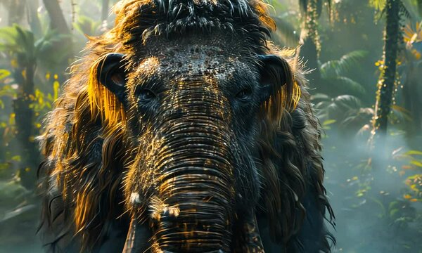 In the heart of a vibrant forest, a majestic woolly mammoth wanders through dense foliage, evoking the ancient world of prehistoric wildlife as sunlight filters through the trees