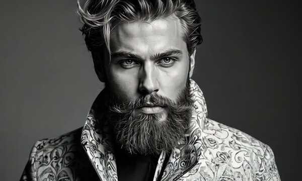 A striking and artistic portrayal of a male model showcasing a luxurious beard and intricate clothing, exuding confidence and sophistication in a captivating setting