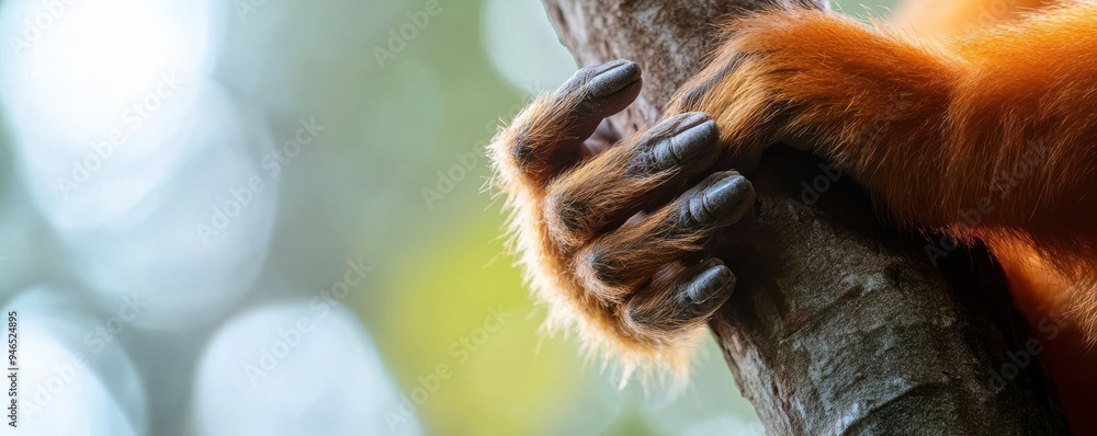 Poster close-up of a langur monkey's hands gripping a tree branch, showcasing intricate details of the fur 