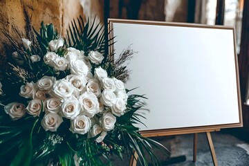 Mockup, announcements near flower arrangements. Invitation, banner, poster at a party, in a restaurant, at a wedding