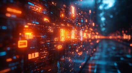 Obraz premium Holographic displays update real-time news feeds, illuminating a modern city street with vibrant colors during twilight.