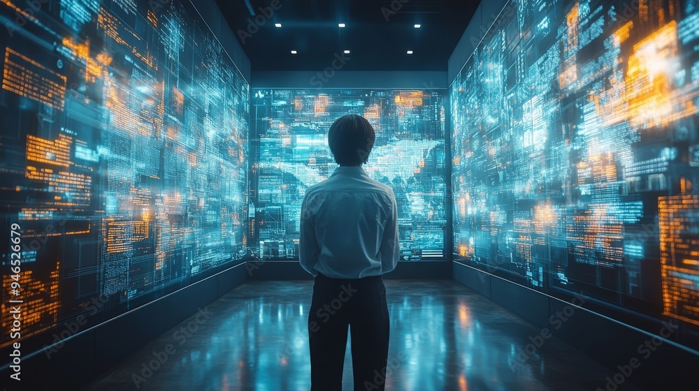 Poster a person observes dynamic holographic news feeds that continuously update in a high-tech digital set