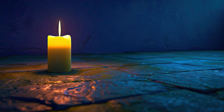 A lone candle flickering in the darkness, casting soft shadows on the stone floor, set against an indigo backdrop, creating a calm and contemplative atmosphere.