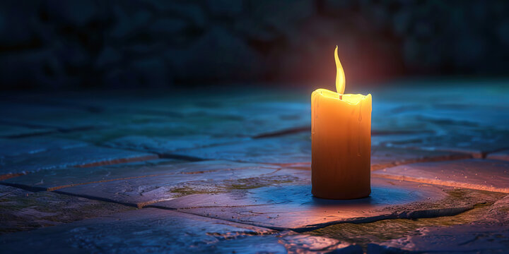 A lone candle flickering in the darkness, casting soft shadows on the stone floor, set against an indigo backdrop, creating a calm and contemplative atmosphere.