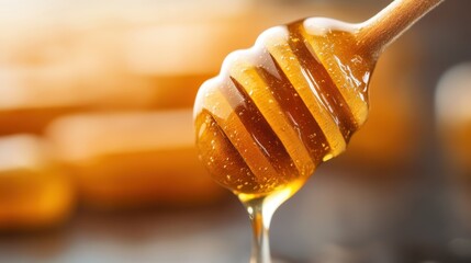 Wooden dipper with honey cascading into a glass container, captured in exquisite detail. The image highlights the rich, golden color and thick, luscious texture of the honey.