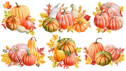 Fall composition. Pumpkin, autumn leaves isolated watercolor illustration for postcard, poster design. Vegetable pumpkin