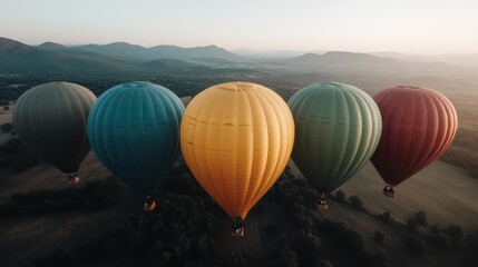 Obraz premium A stunning view of five colorful hot air balloons soaring above a picturesque landscape, with mountains in the background and a clear sky enhancing the beauty.