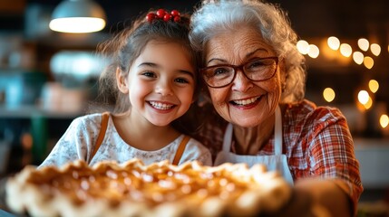 A joyful scene of a grandmother and her granddaughter, both wearing glasses, smiling together while presenting a freshly baked pie. The background views a cozy kitchen setting.