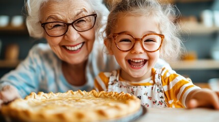 An endearing image of a grandmother and her granddaughter, both wearing glasses and smiling brightly, while enjoying their time baking together in a cozy kitchen.