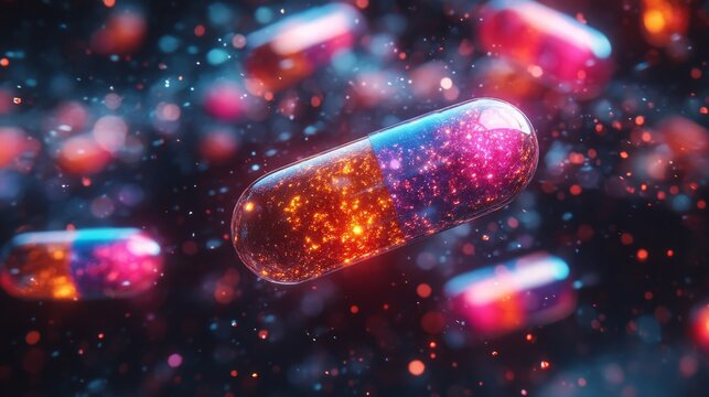 Colorful holographic pills and medication bottles are suspended in a digital environment, radiating light and energy in a surreal display.