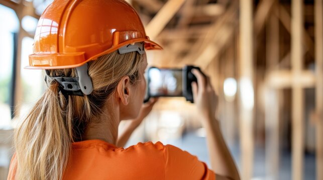 A construction worker wearing an orange helmet is photographing the skeletal framework of a construction site, illustrating meticulous documentation and progress tracking.