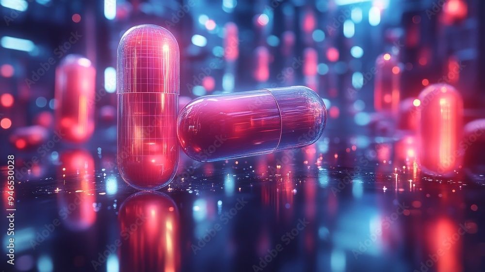 Poster holographic medication bottles and capsules are illuminated in a vibrant and colorful futuristic set