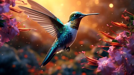 Fototapeta premium A mesmerizing composition of a hummingbird in a garden, displaying elegant flight and vivid feathers in stunning