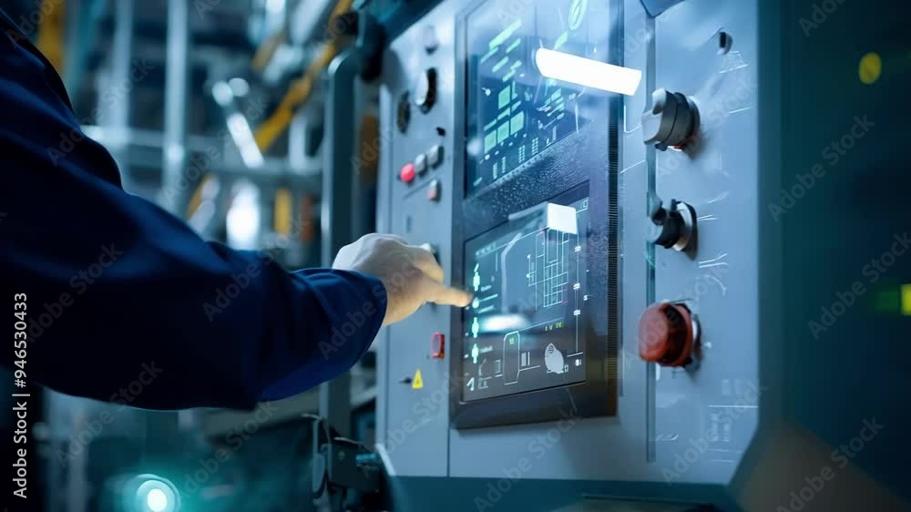 Poster industrial worker wearing a uniform is using a touch screen control panel operating high tech equipm