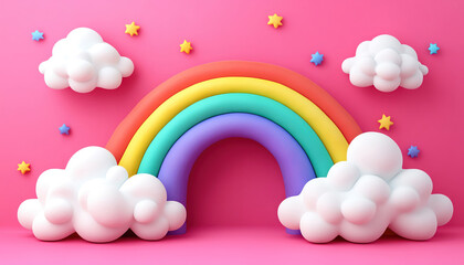 Bright rainbow with fluffy clouds on a pink background, whimsical and cheerful scene