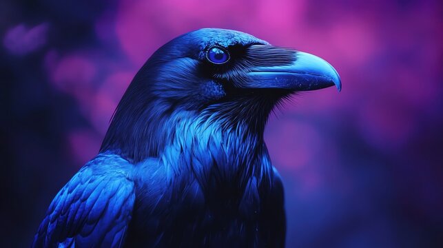 Closeup of a raven with dramatic blue and purple lighting