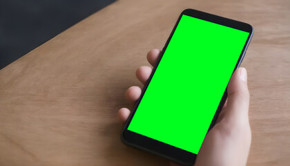 Hand holding black mobile phone with blank green screen