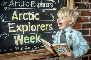 Young reader in suspenders and tie, delighted before a chalkboard promoting Arctic Explorers Book Week