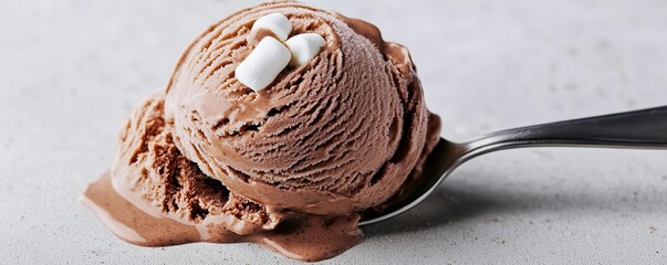 Fototapeta premium A close-up of a spoon digging into a scoop of chocolate ice cream with gooey marshmallow swirls, photorealistic, hyper-resolution, creamy and satisfying treat