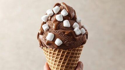 A cone of soft-serve chocolate ice cream with mini marshmallows mixed in, photorealistic, hyper-resolution, smooth and delightful dessert