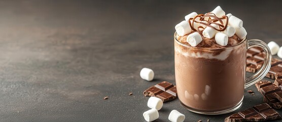 A frozen hot chocolate topped with marshmallows and chocolate curls, served in a glass mug, photorealistic, hyper-resolution, cold twist on a classic treat