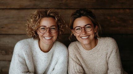 Two women, both wearing glasses and cozy sweaters, smile warmly at the camera. The image captures a moment of friendship and shared happiness in a comforting setting.