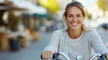 A woman is smiling and riding a bicycle in an outdoor setting, encapsulating a moment of joy, freedom, and relaxation with natural surroundings as she enjoys the ride.
