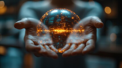 Fototapeta premium Holographic projections of future financial trends emerge from a person's hands, illustrating data visualization and advanced technology exploration.