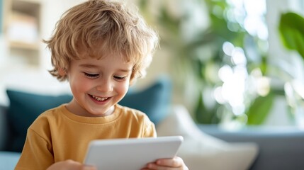 A young boy is smiling as he uses a digital tablet indoors, capturing a moment of joy and engagement with the technology in a cozy and light-filled home environment.